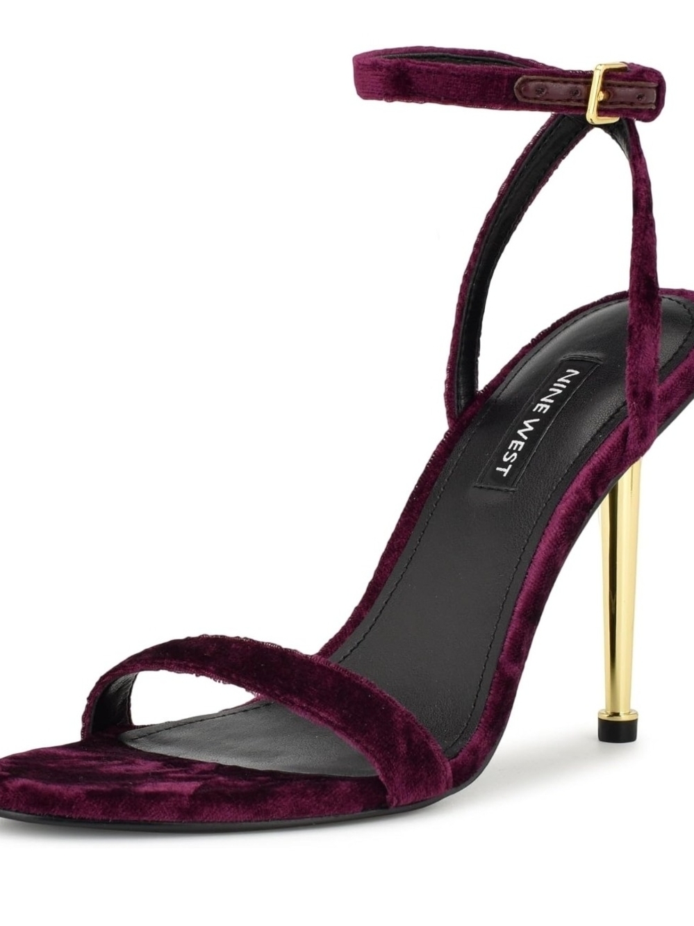 Nine West Velvet Ankle-Strap Heel in Plum with Gold Stiletto